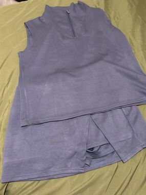 Sleeveless Zip-Turtleneck Active Top and Skort Set - Blue/Gray